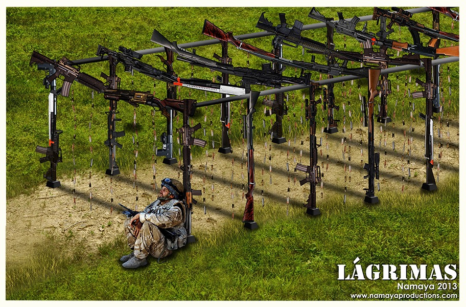 It is an eight foot proscenium of guns, like m sixteens, and there are shells of bullets that make a wind chime The wind chime of bullets sound like teardrops