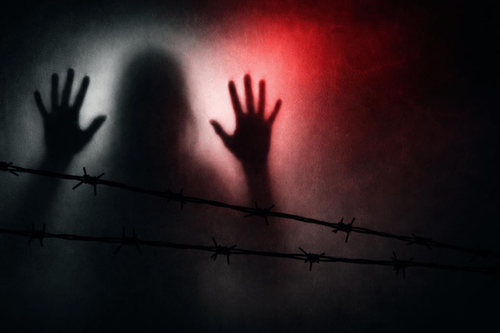 Shadowed figure behind frosted glass with barbed wire, symbolizing hidden exploitation and confinement.