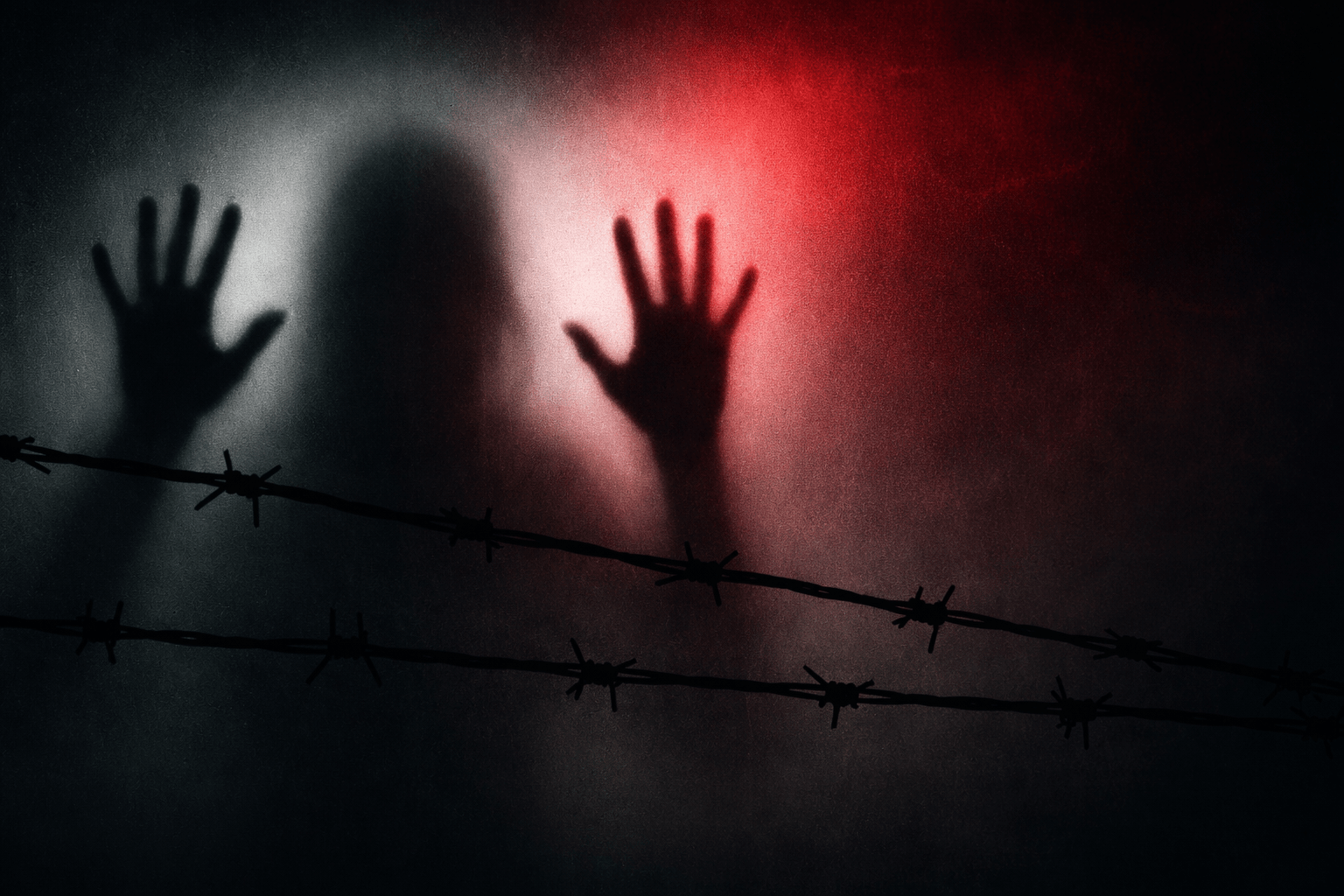 Shadowed figure behind frosted glass with barbed wire, symbolizing hidden exploitation and confinement.